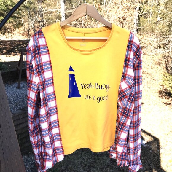 Upcycled Graphic Tee Flannel Sleeves, S-M: Oversized Lighthouse Pullover Shirt - Picture 6 of 10